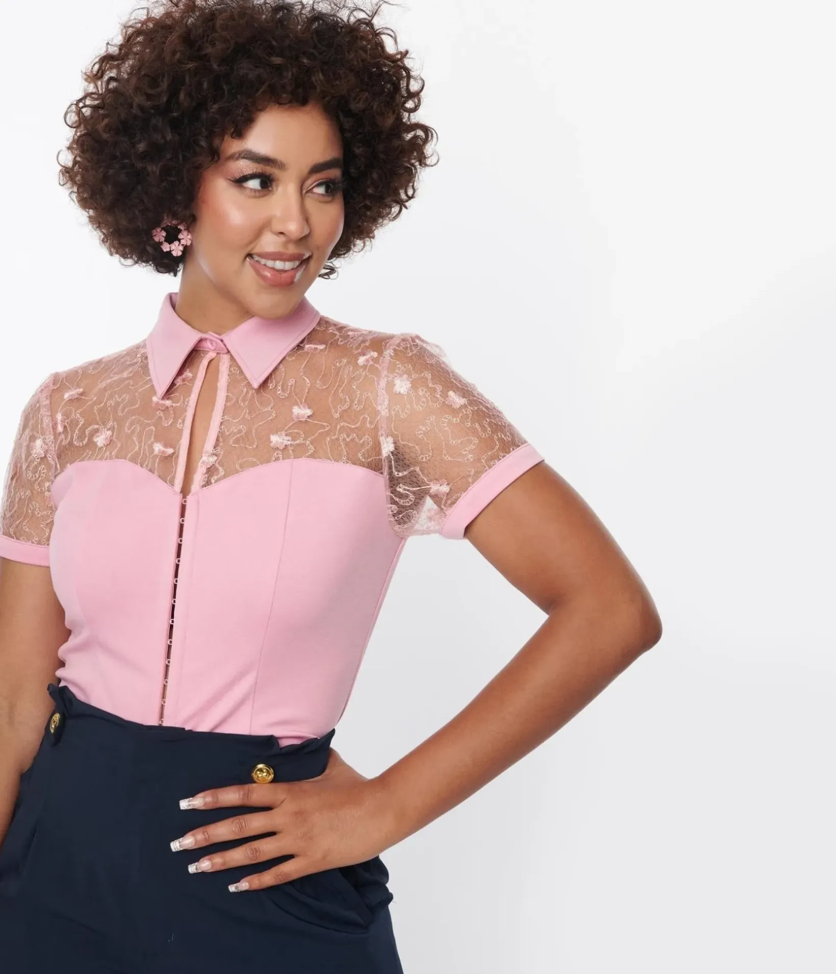 Unique Vintage All Things Pink>Light Pink & Floral Mesh Sweetheart Top