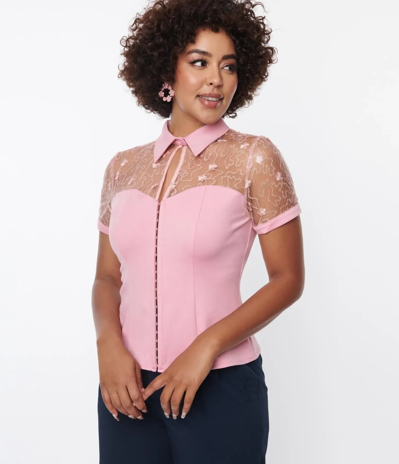 Unique Vintage All Things Pink>Light Pink & Floral Mesh Sweetheart Top
