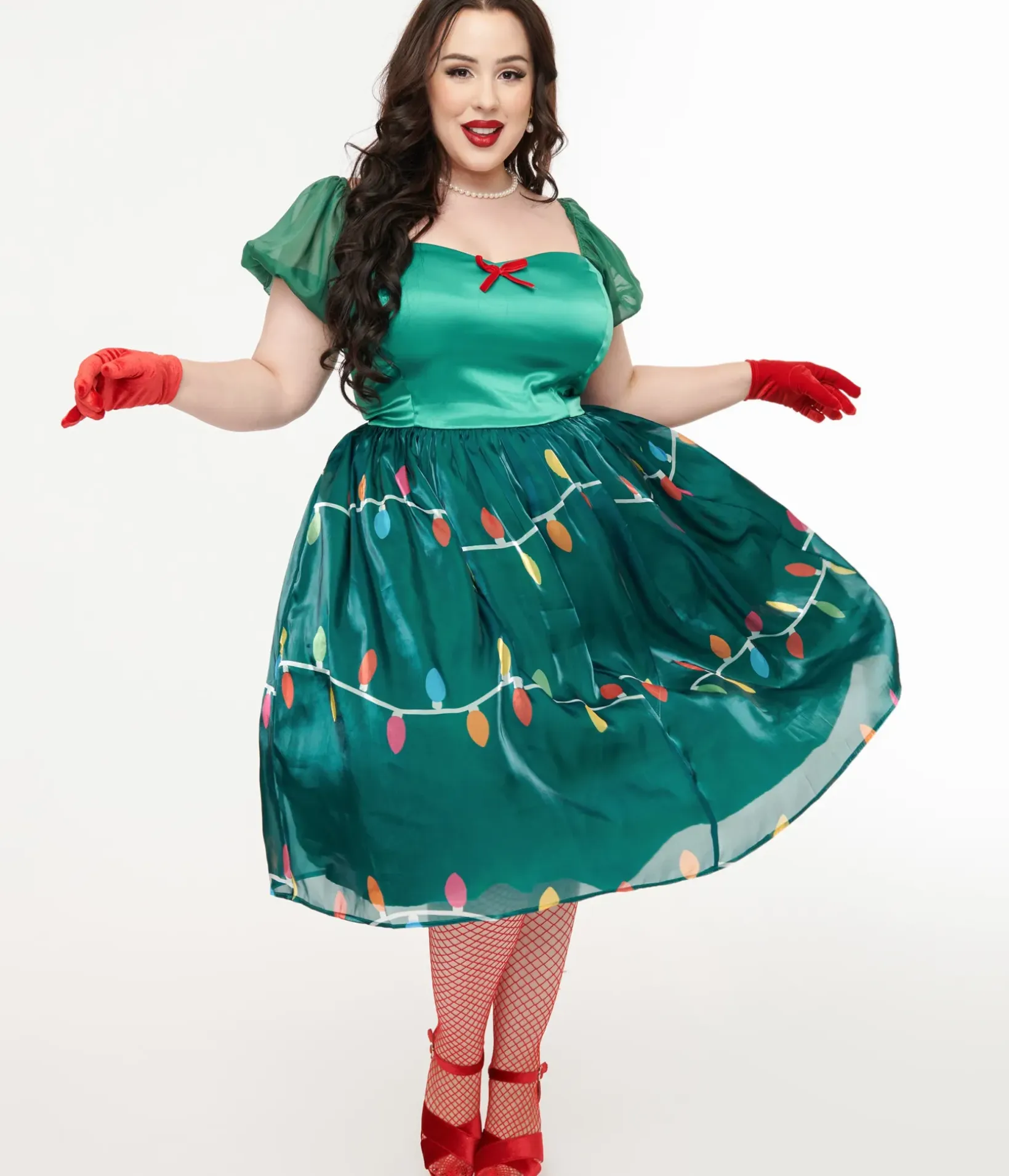 Unique Vintage Swing|Swing>Light Up Plus Size 1950s Green Christmas Lights Print Sweetheart Dress