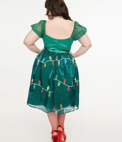 Unique Vintage Swing|Swing>Light Up Plus Size 1950s Green Christmas Lights Print Sweetheart Dress