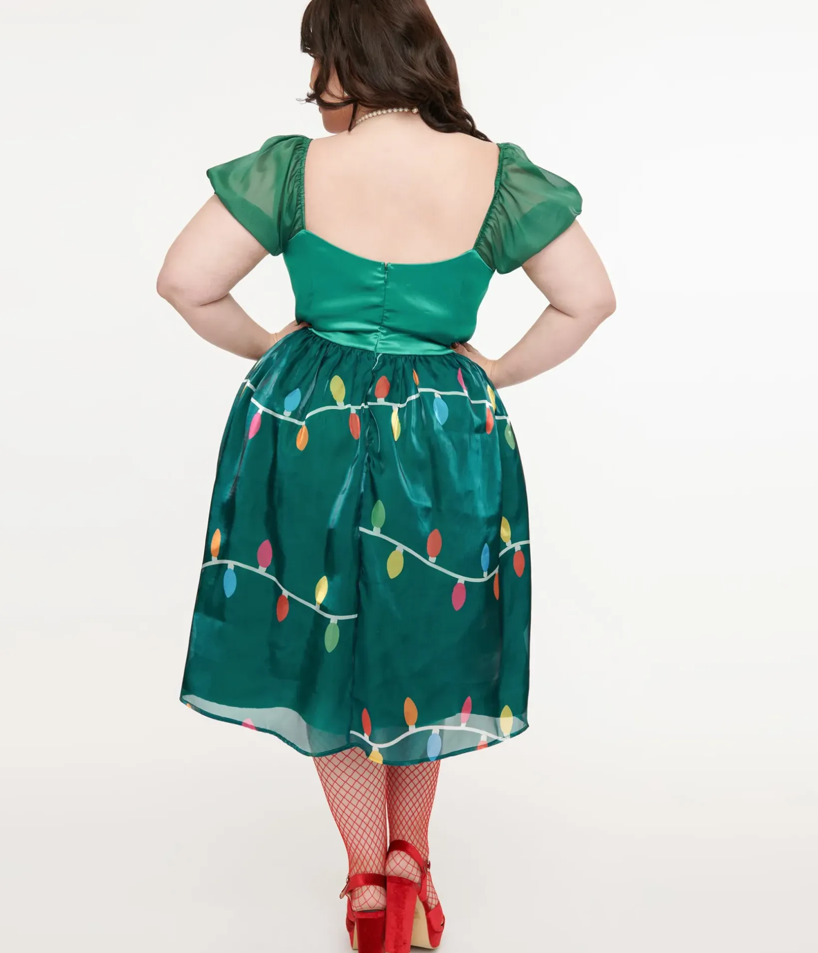 Unique Vintage Swing|Swing>Light Up Plus Size 1950s Green Christmas Lights Print Sweetheart Dress