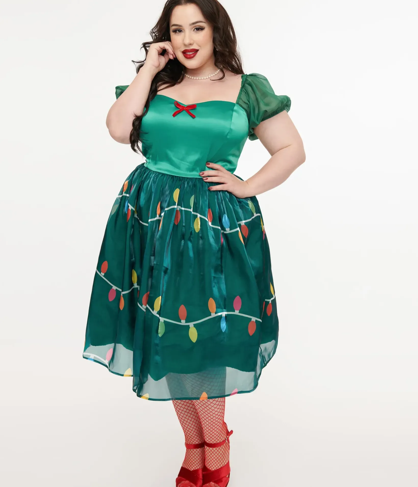 Unique Vintage Swing|Swing>Light Up Plus Size 1950s Green Christmas Lights Print Sweetheart Dress