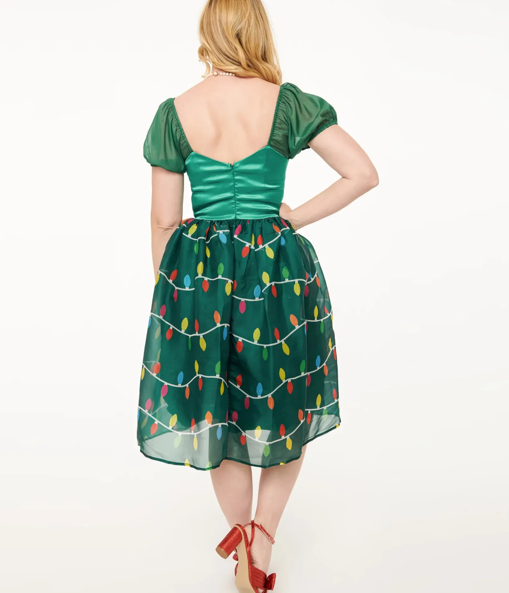 Unique Vintage Swing|Everyday Dresses>Light Up1950s Green Christmas Lights Print Sweetheart Dress