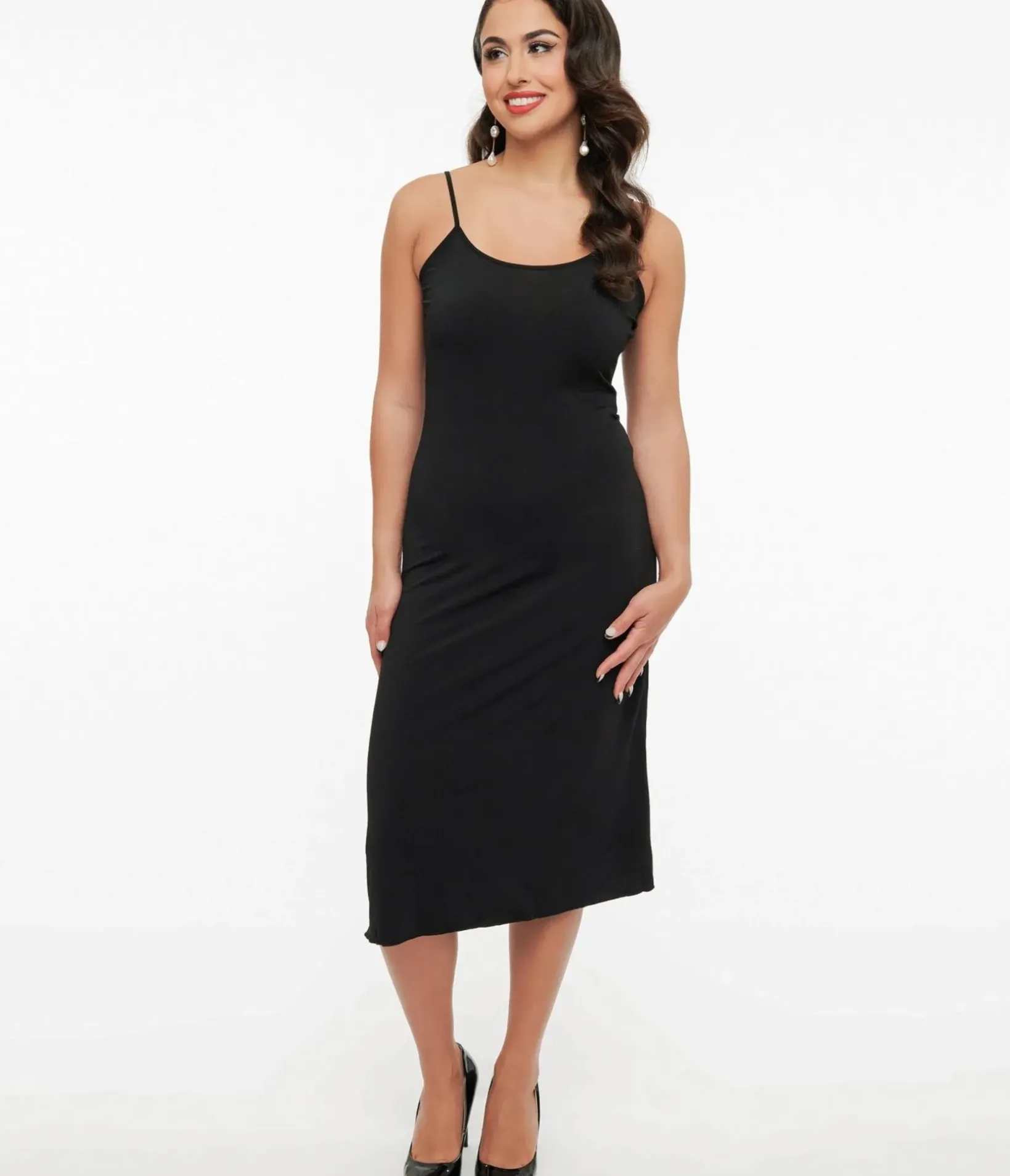 Unique Vintage Special Occasion|All Things Black>Midi Length Black Stretch Slip