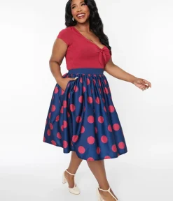 Unique Vintage Skirts|Skirts>Navy & Berry Polka Dot Gellar Swing Skirt