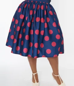 Unique Vintage Skirts|Skirts>Navy & Berry Polka Dot Gellar Swing Skirt