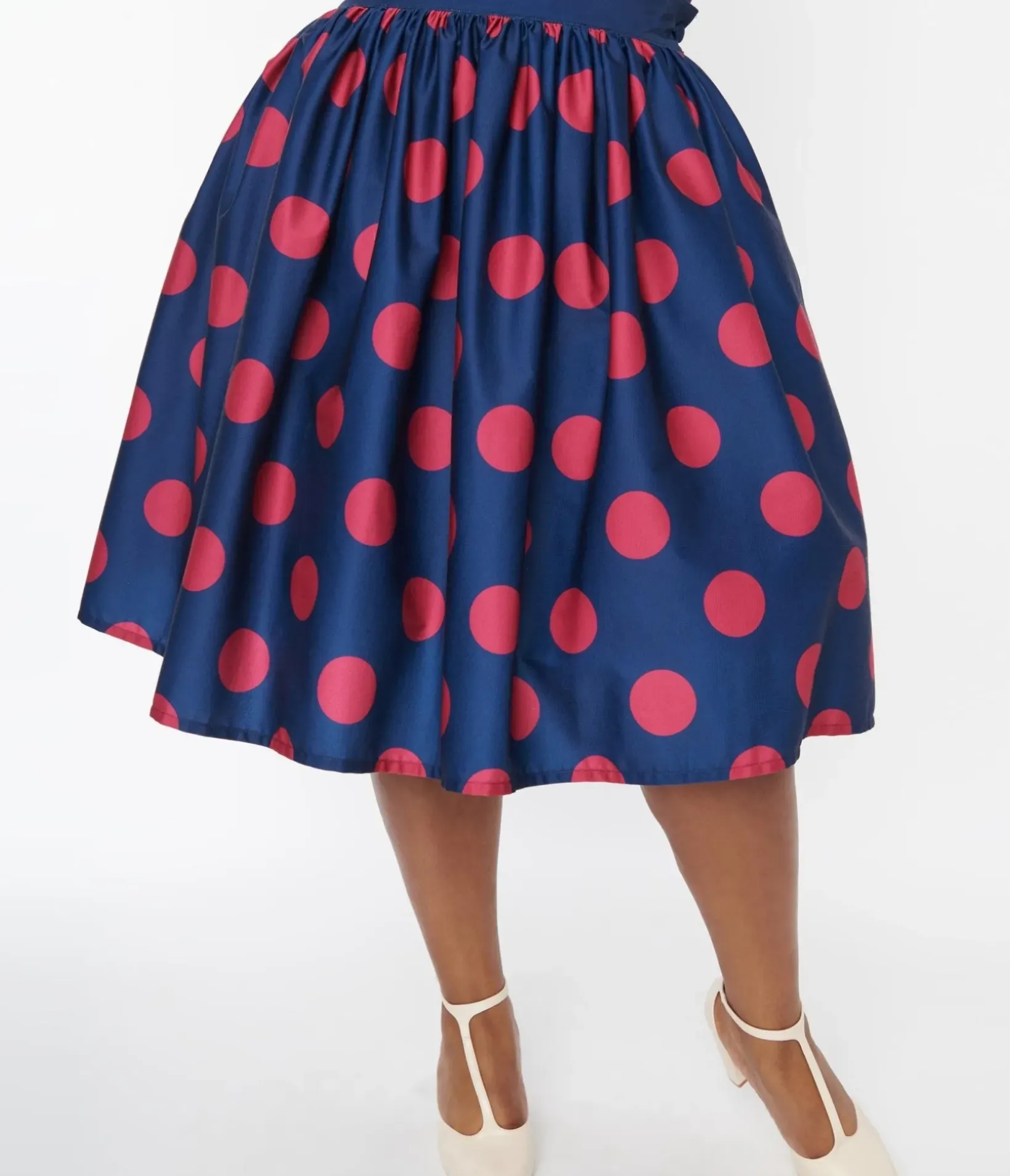 Unique Vintage Skirts|Skirts>Navy & Berry Polka Dot Gellar Swing Skirt