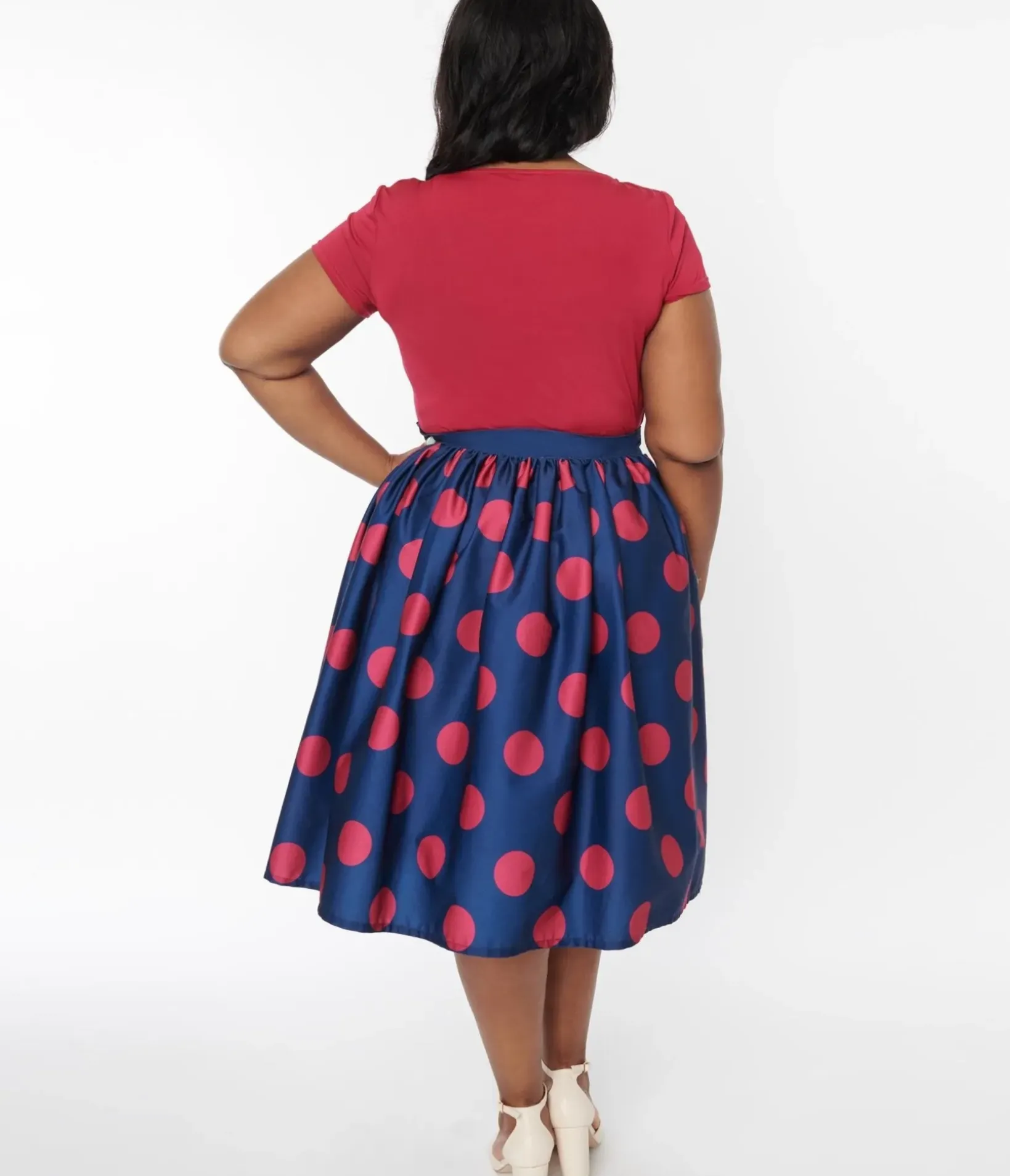 Unique Vintage Skirts|Skirts>Navy & Berry Polka Dot Gellar Swing Skirt