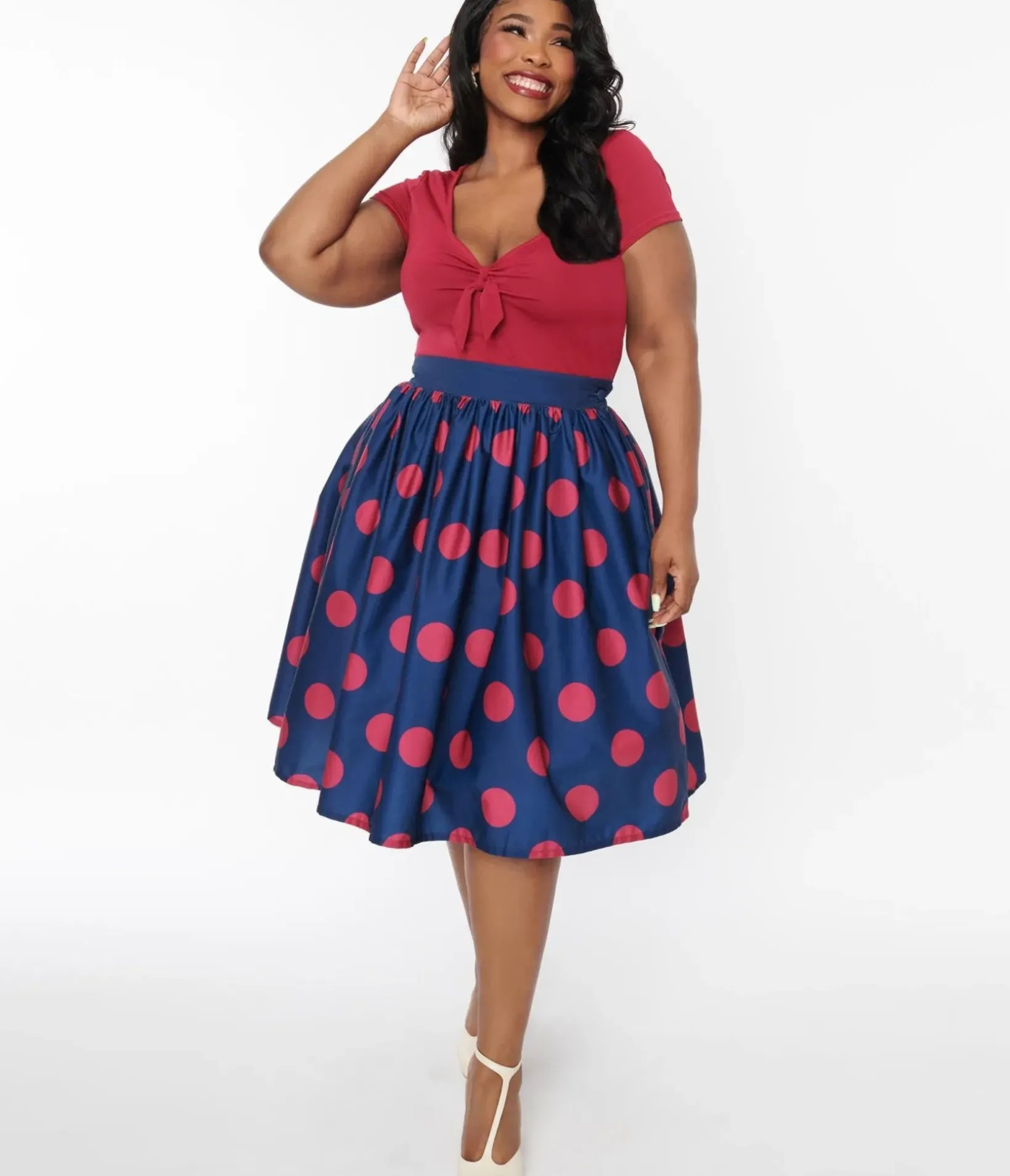 Unique Vintage Skirts|Skirts>Navy & Berry Polka Dot Gellar Swing Skirt