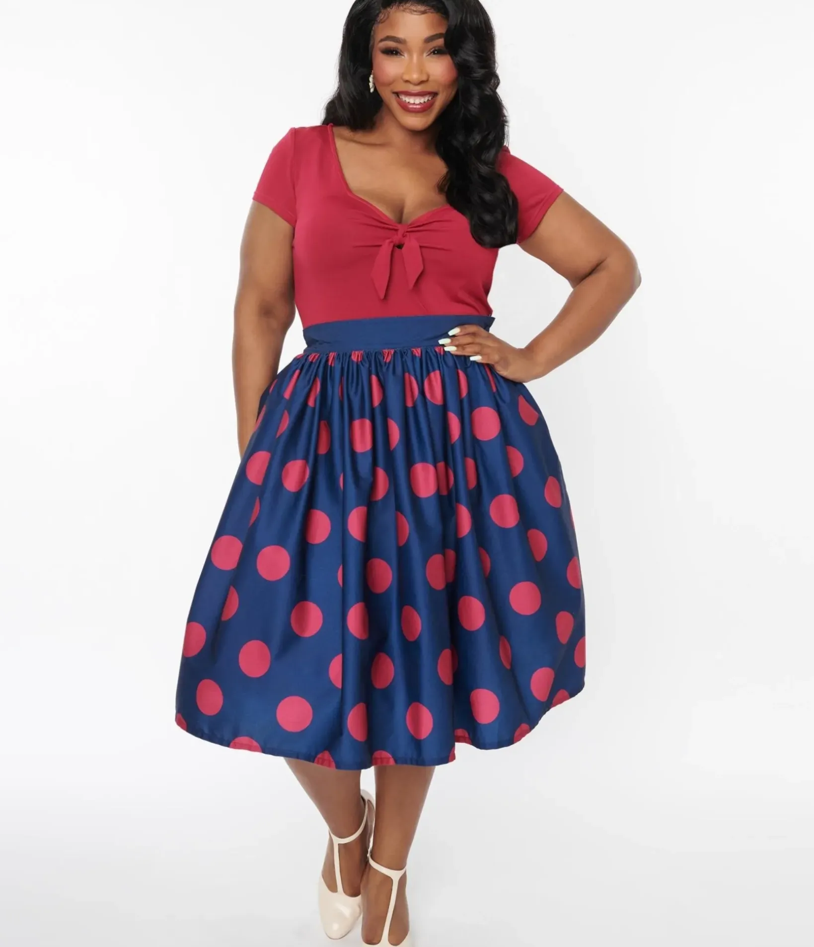 Unique Vintage Skirts|Skirts>Navy & Berry Polka Dot Gellar Swing Skirt