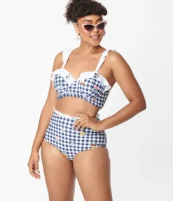 Unique Vintage Swim Tops|Two Piece Swim>Navy Gingham & Floral Southampton Swim Top