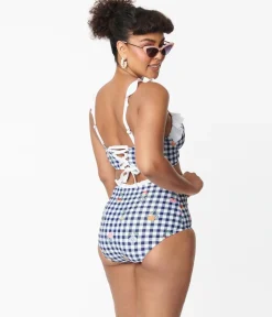 Unique Vintage Swim Tops|Two Piece Swim>Navy Gingham & Floral Southampton Swim Top