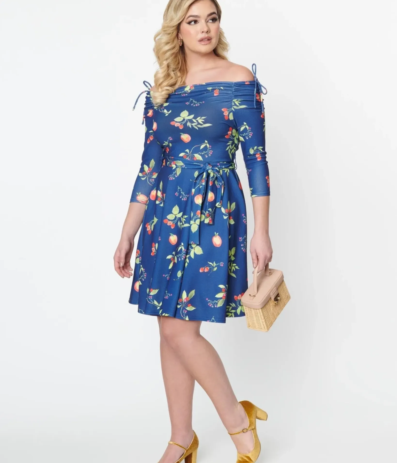 Unique Vintage Fit & Flare|Everyday Dresses>Navy & Orchard Print Off Shoulder Flare Dress