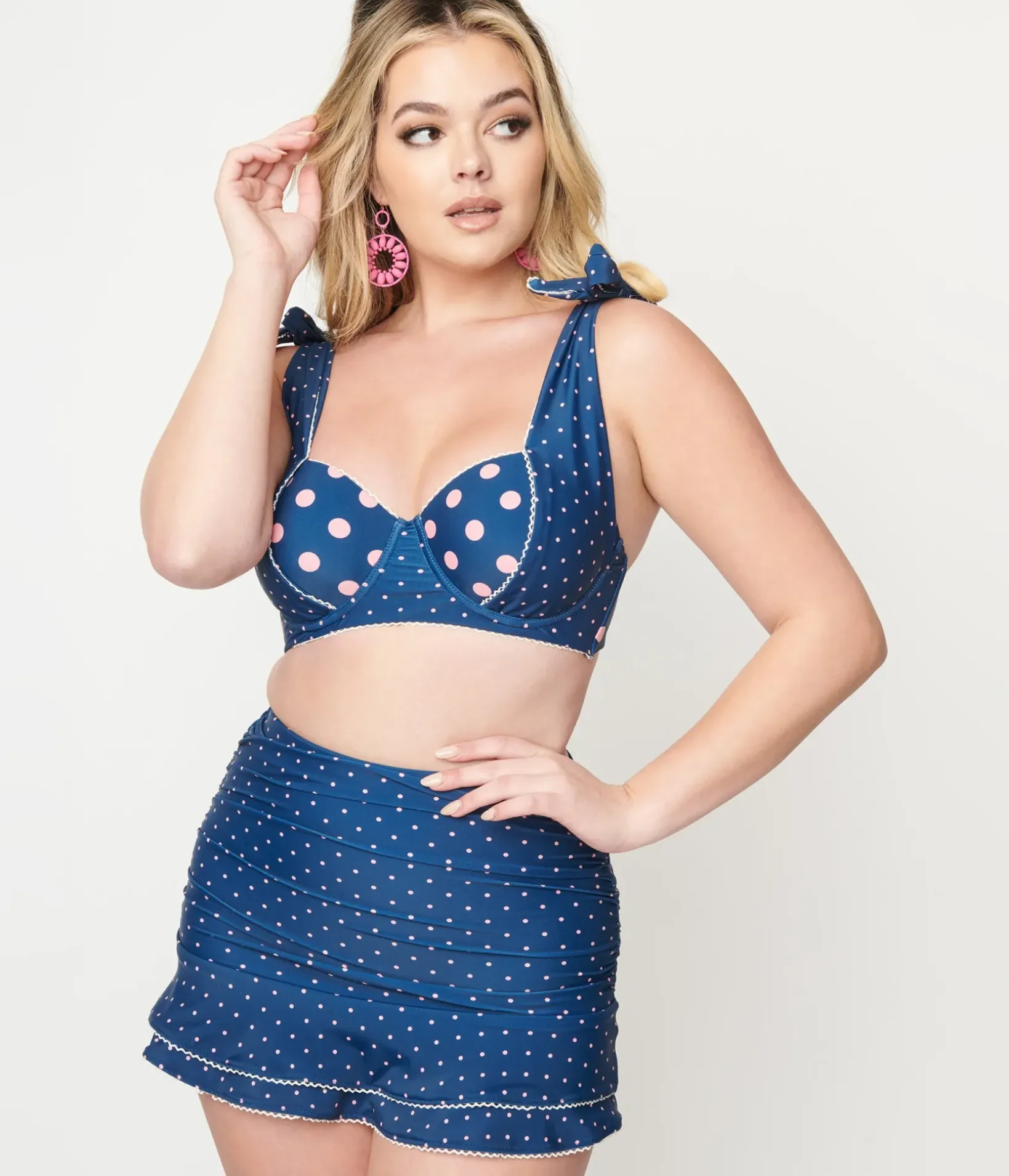 Unique Vintage Swim Tops|Two Piece Swim>Navy & Pink Dot Totally Tied Up Swim Top