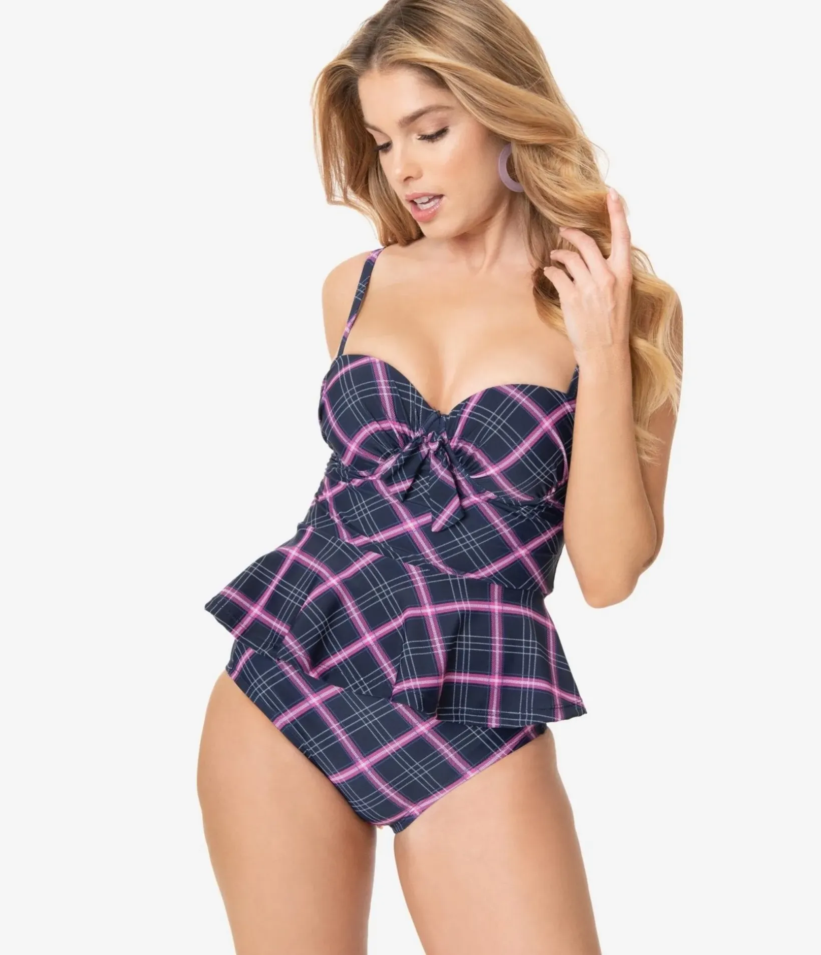 Unique Vintage Swim Bottoms|Two Piece Swim>Navy & Pink Plaid Daphne Swim Bottoms