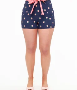 Unique Vintage Shorts|Summer Vacation>Navy & Pink Strawberry Stamp Tied & True Shorts