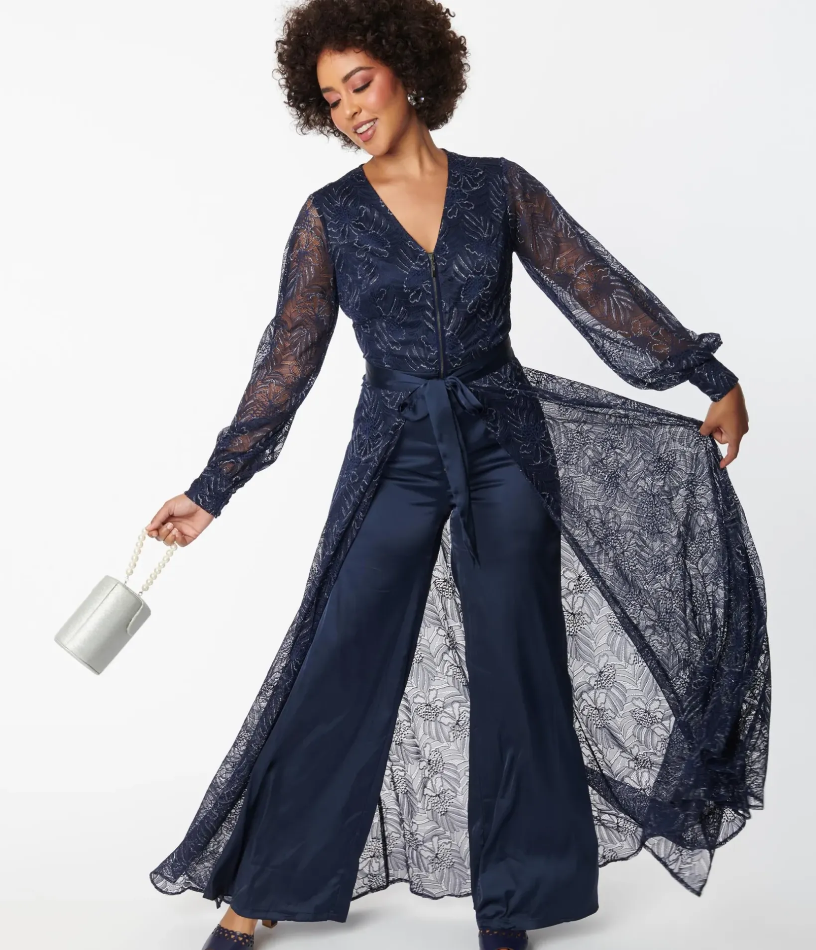 Unique Vintage Rompers & Jumpsuits>Navy Sparkle Lace Jumpsuit & Skirt Overlay