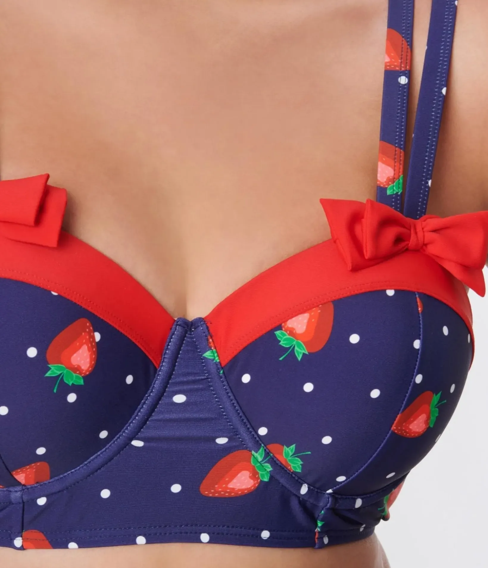 Unique Vintage Swim Tops>Navy Strawberry Pin Dot Bowed Over Swim Top