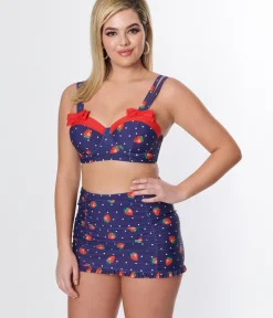 Unique Vintage Swim Bottoms|Two Piece Swim>Navy Strawberry Pin Dot Ruffled Swim Skirt