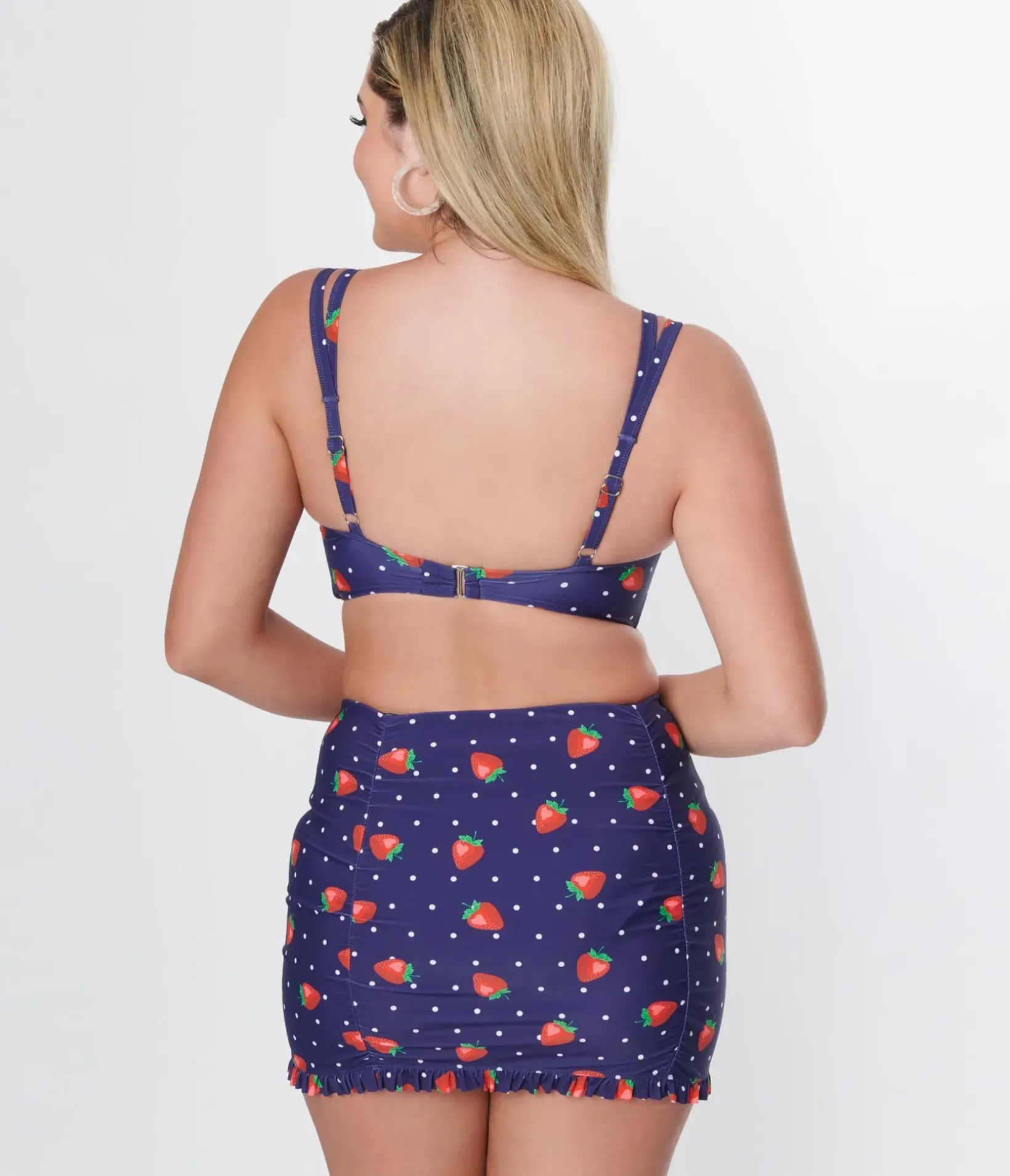 Unique Vintage Swim Bottoms|Two Piece Swim>Navy Strawberry Pin Dot Ruffled Swim Skirt