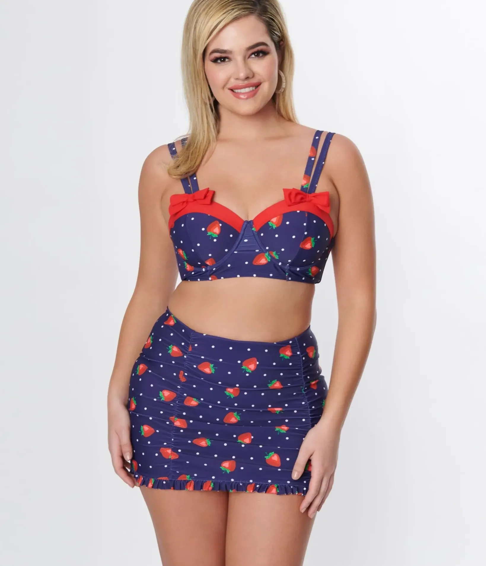 Unique Vintage Swim Bottoms|Two Piece Swim>Navy Strawberry Pin Dot Ruffled Swim Skirt