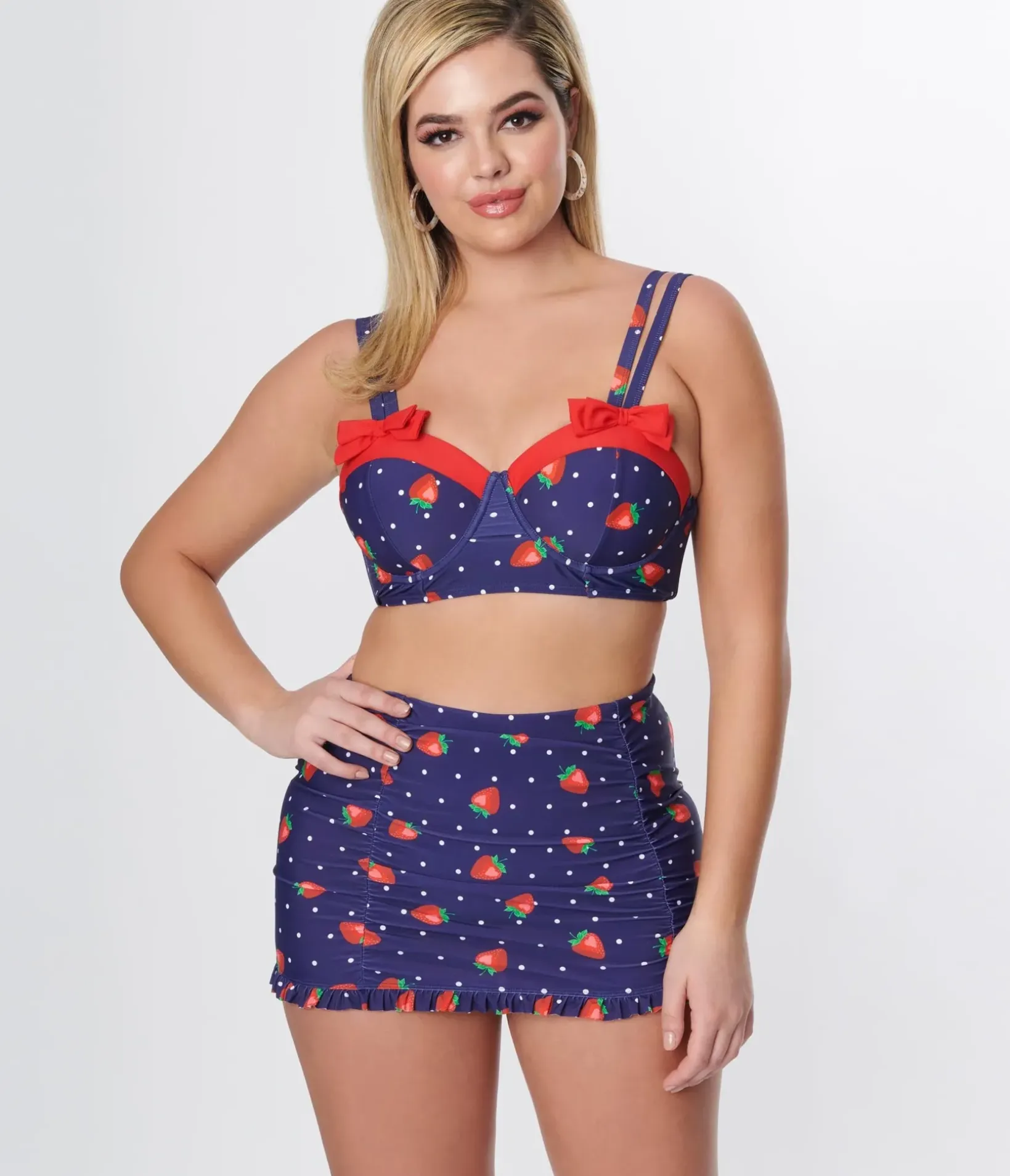 Unique Vintage Swim Bottoms|Two Piece Swim>Navy Strawberry Pin Dot Ruffled Swim Skirt