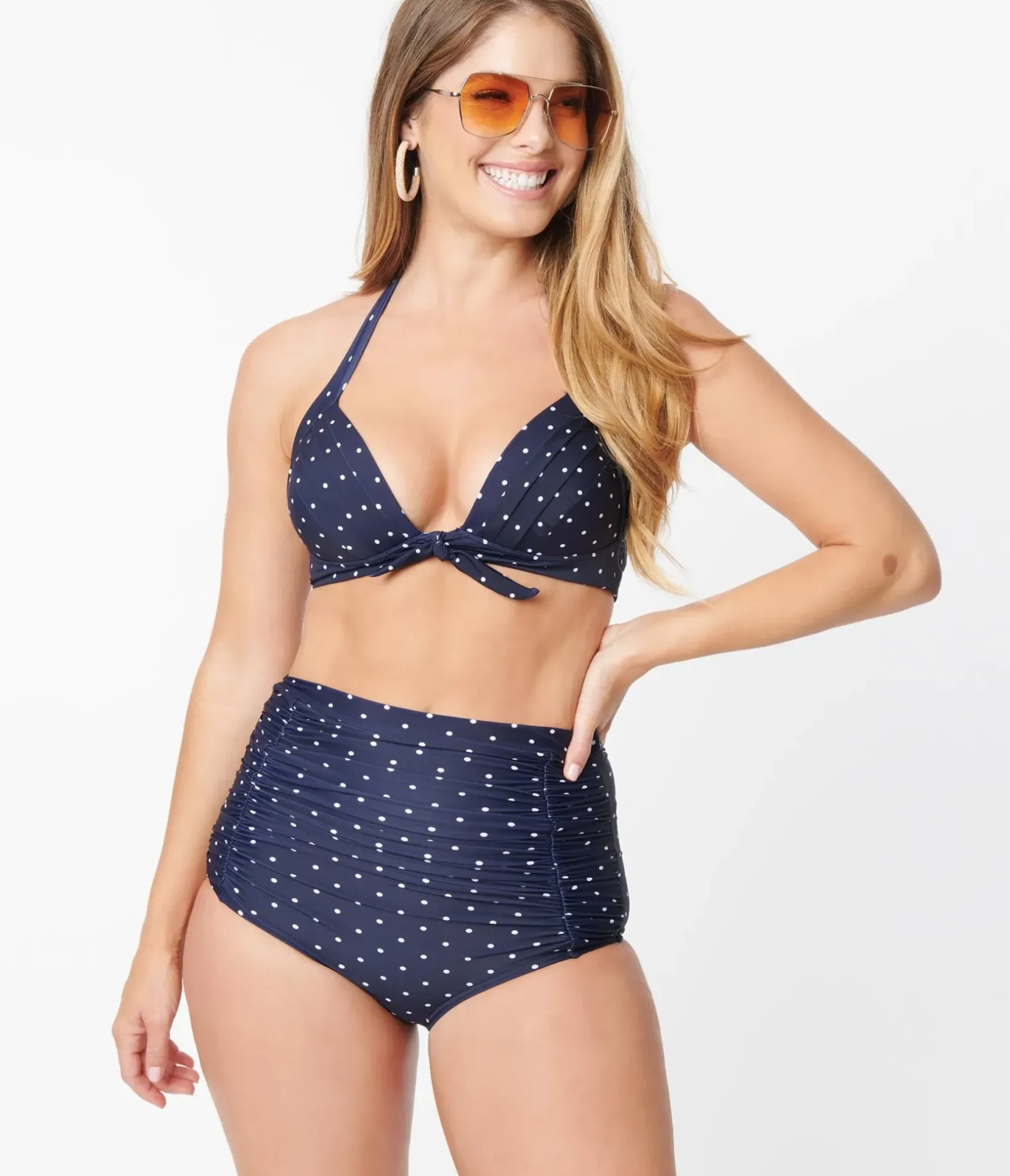 Unique Vintage Swim Tops|Two Piece Swim>Navy & White Pin Dot Monroe Halter Swim Top
