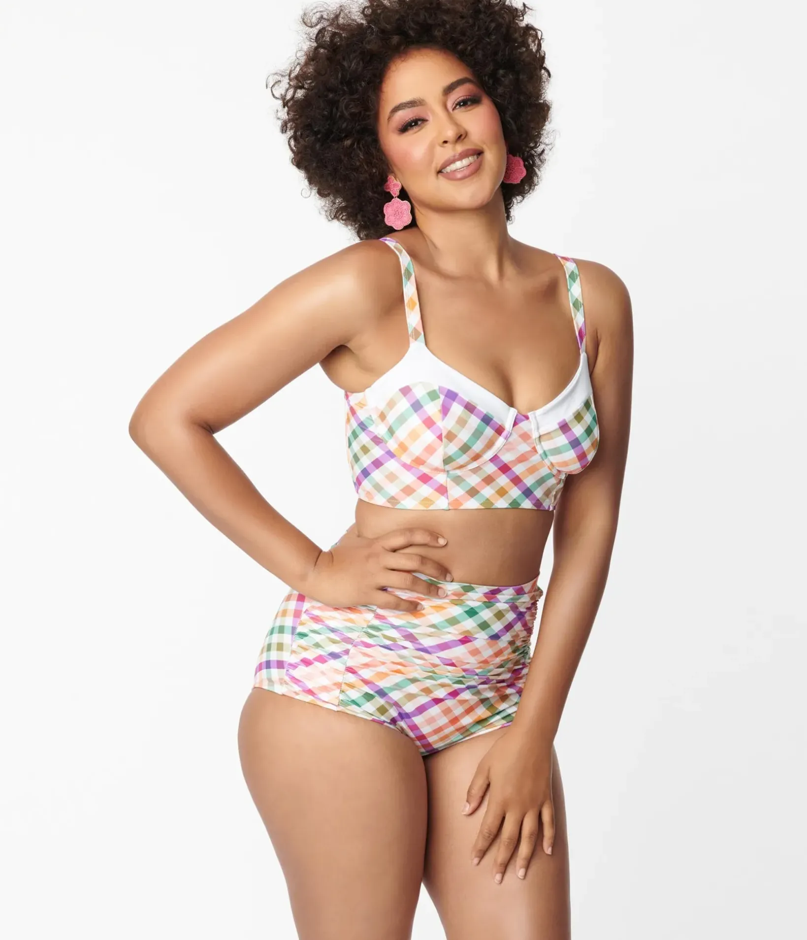 Unique Vintage Swim Tops|Two Piece Swim>Pastel Madras Gingham Marlene Crop Swim Top