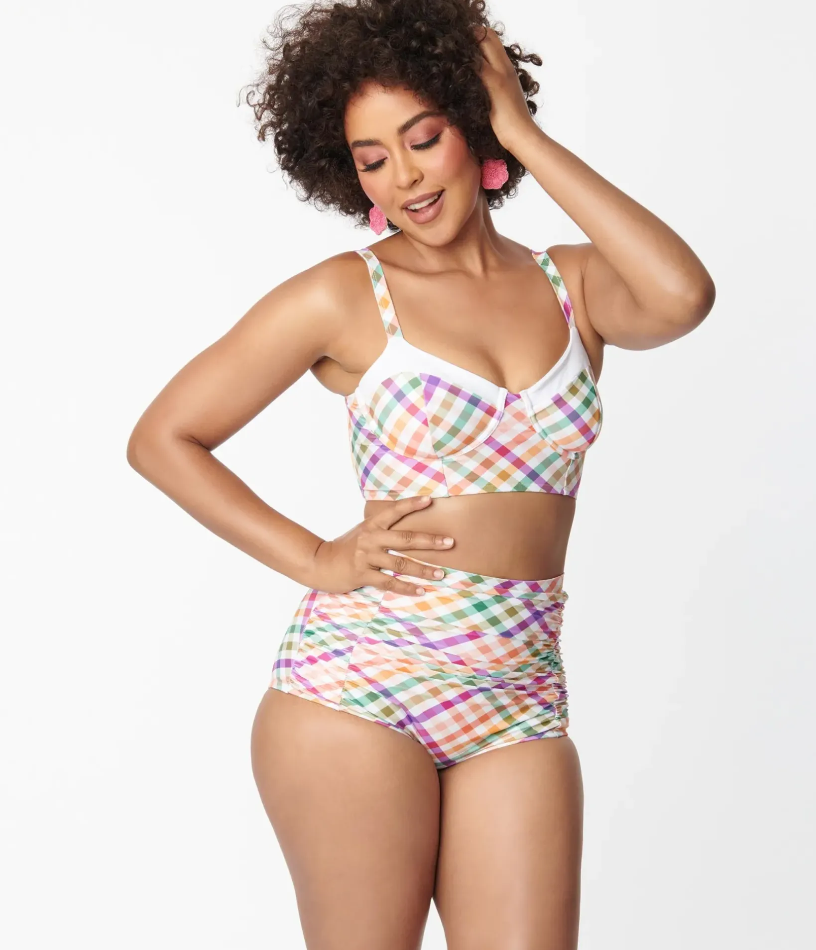 Unique Vintage Swim Tops|Two Piece Swim>Pastel Madras Gingham Marlene Crop Swim Top