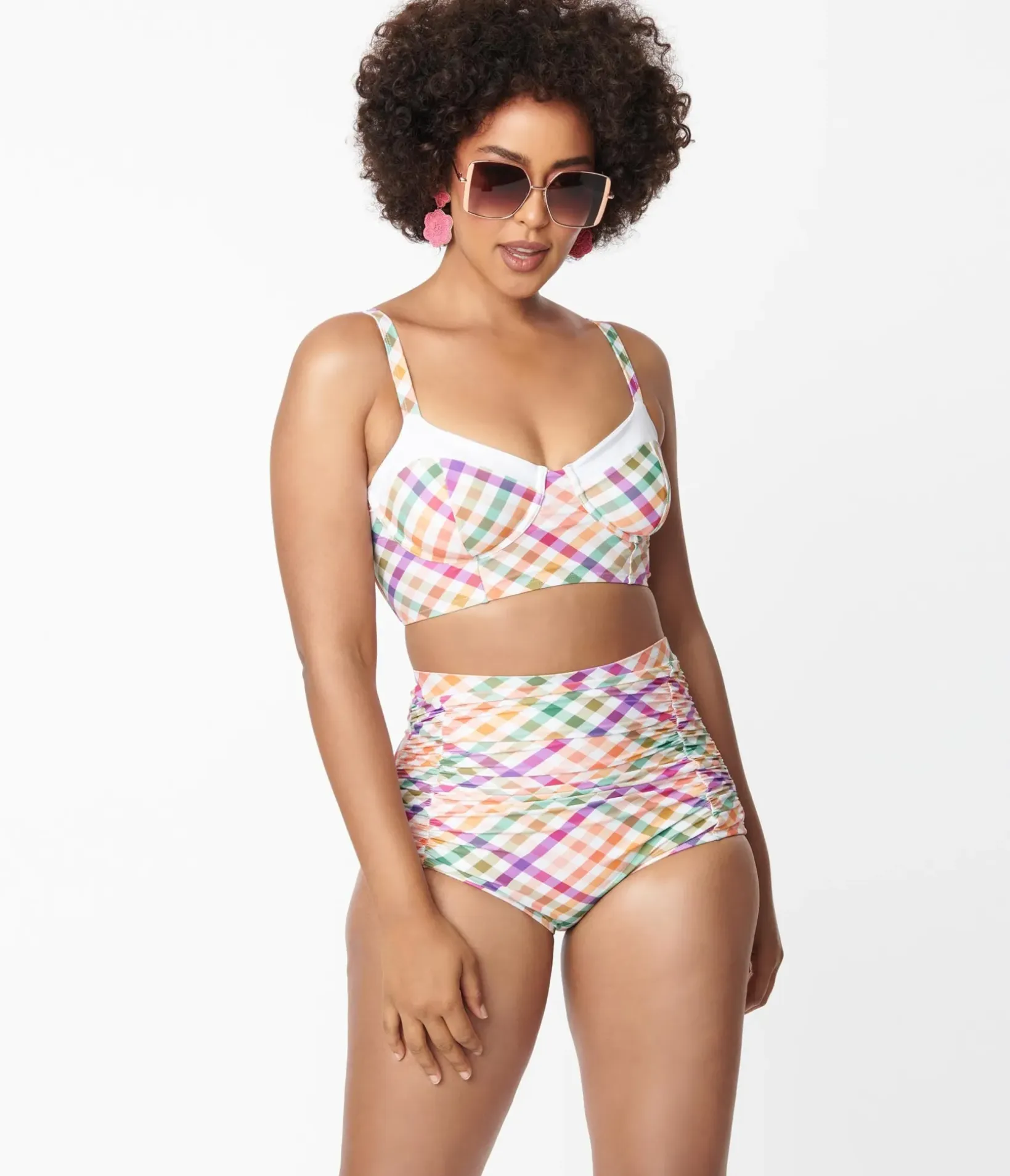Unique Vintage Swim Tops|Two Piece Swim>Pastel Madras Gingham Marlene Crop Swim Top