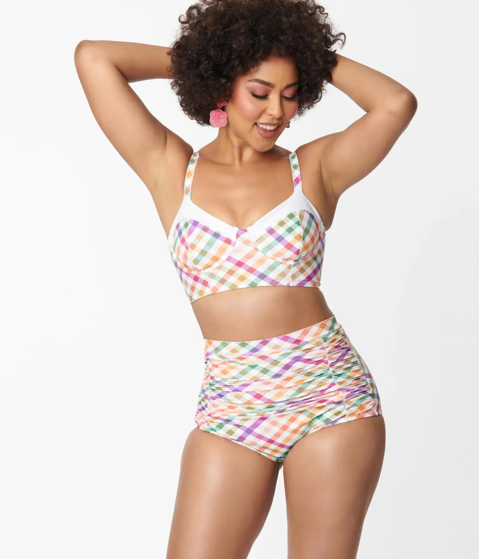 Unique Vintage Swim Tops|Two Piece Swim>Pastel Madras Gingham Marlene Crop Swim Top