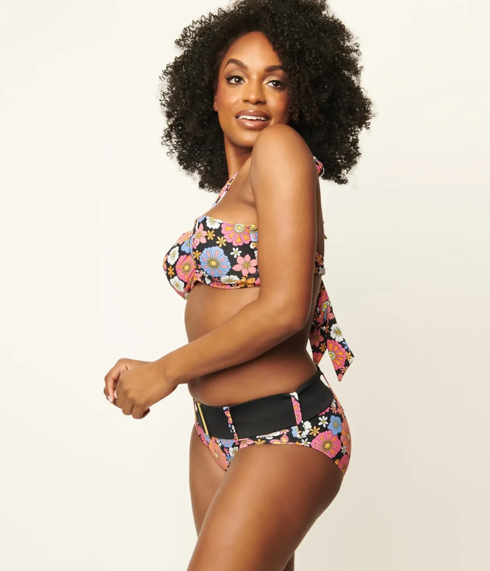 Unique Vintage All Things Pink>Pink & Blue Floral Print Belted Sunsational Swim Bottom