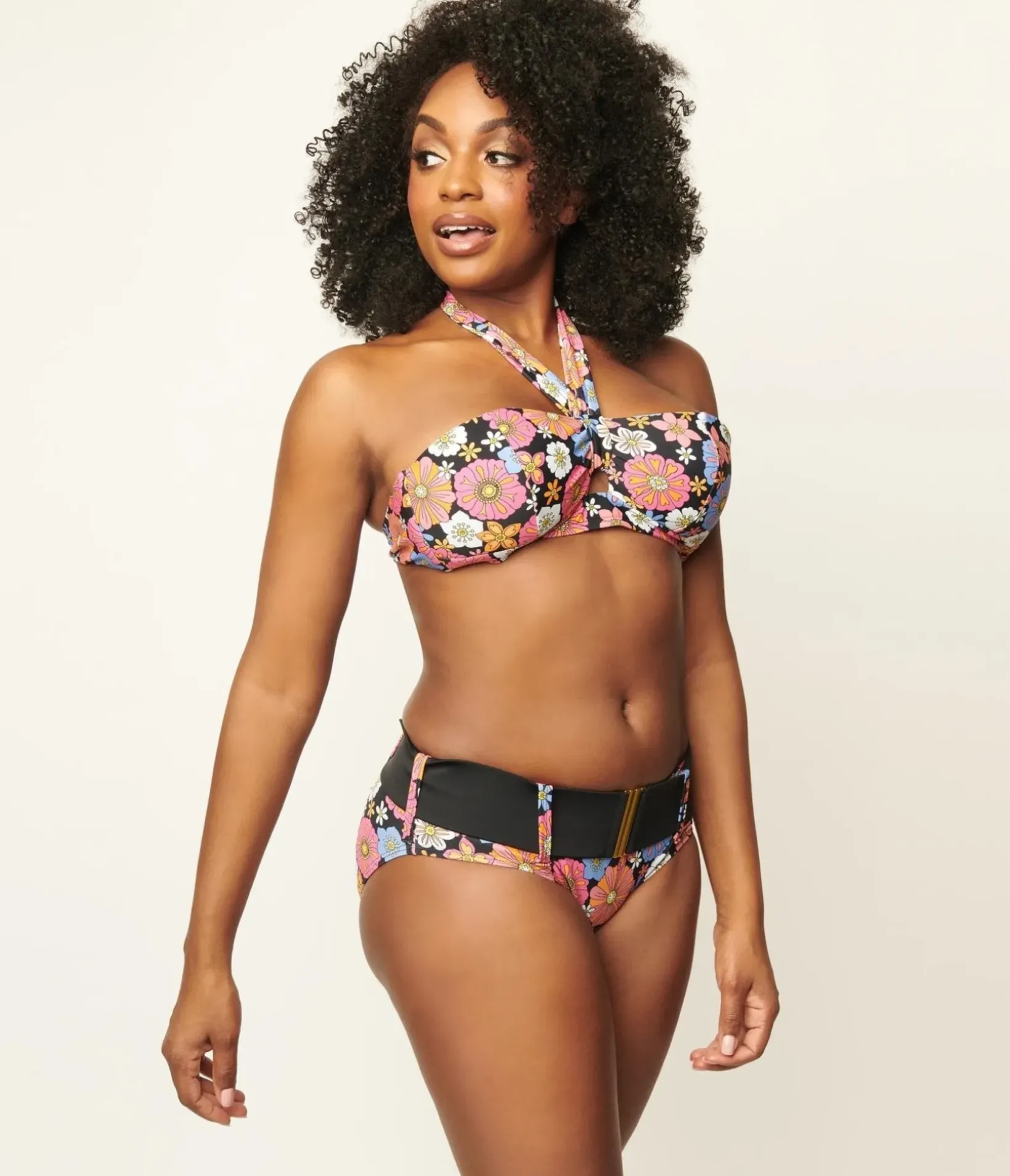 Unique Vintage Swim Tops|Two Piece Swim>Pink & Blue Floral Print Forever Glam Swim Top