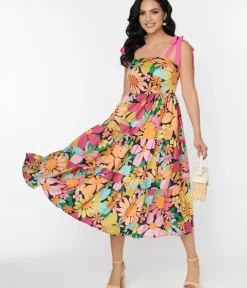 Unique Vintage Midi|Pocket Dresses>Pink Floral Tiered Midi Dress