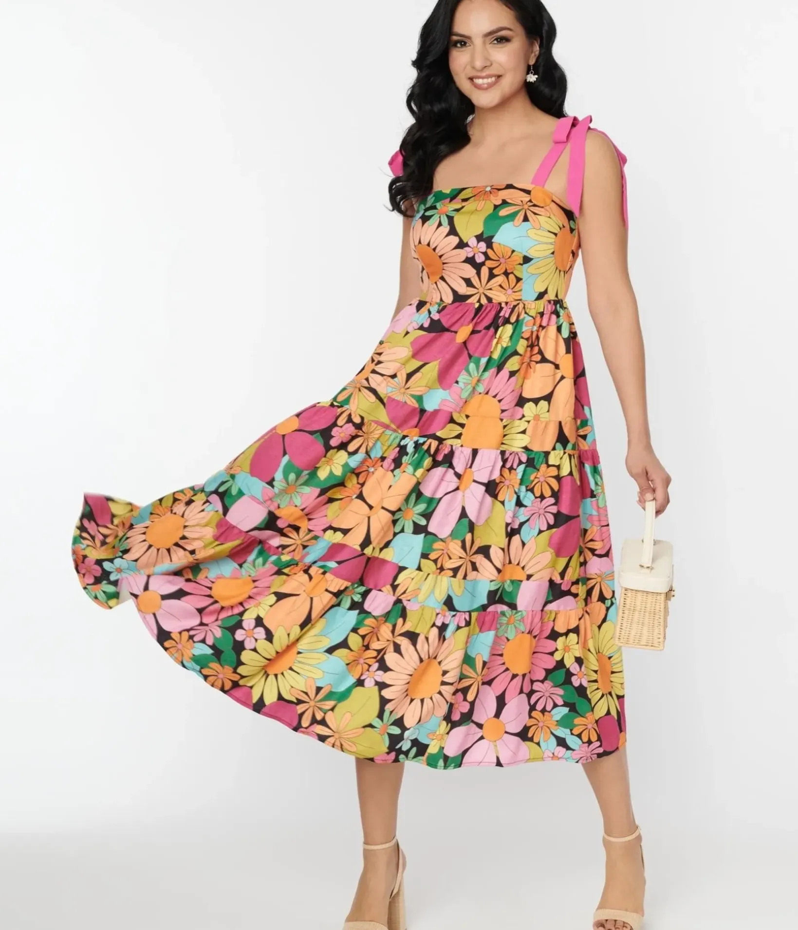 Unique Vintage Midi|Pocket Dresses>Pink Floral Tiered Midi Dress