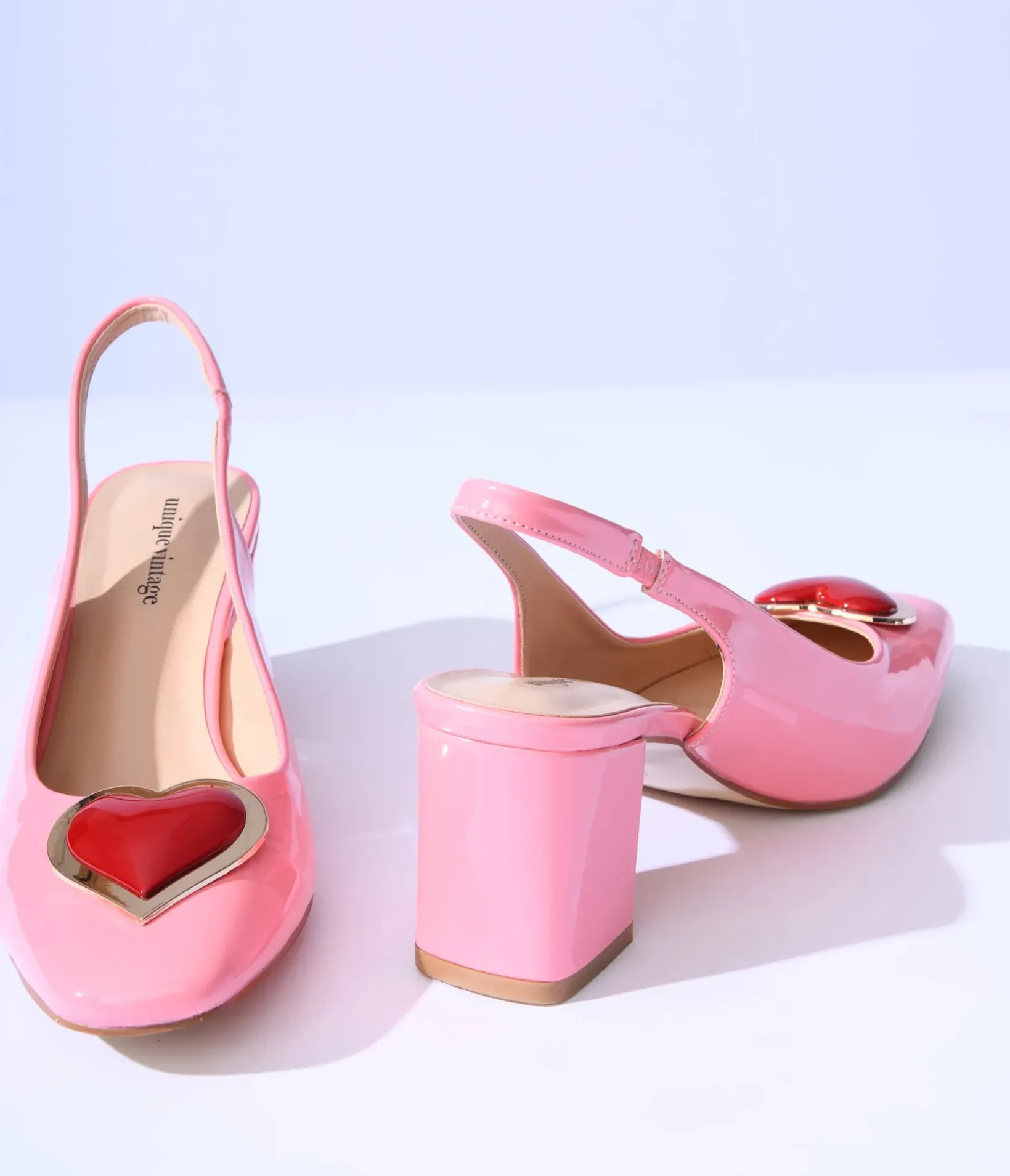 Unique Vintage Heels|All Things Pink>Pink Heart Leatherette Slingback Heels