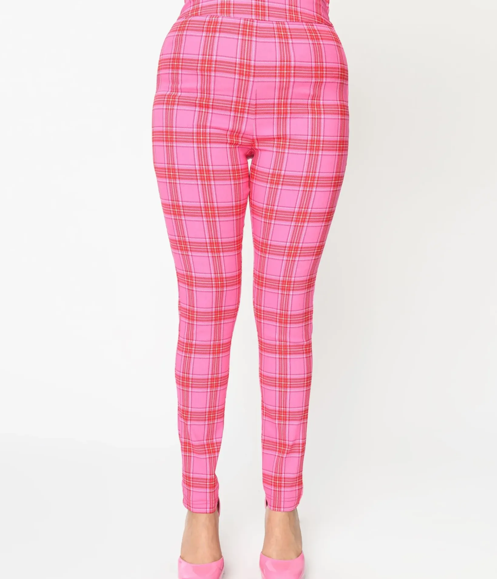Unique Vintage Pants|All Things Pink>Pink & Red Plaid High Waist Cigarette Pants