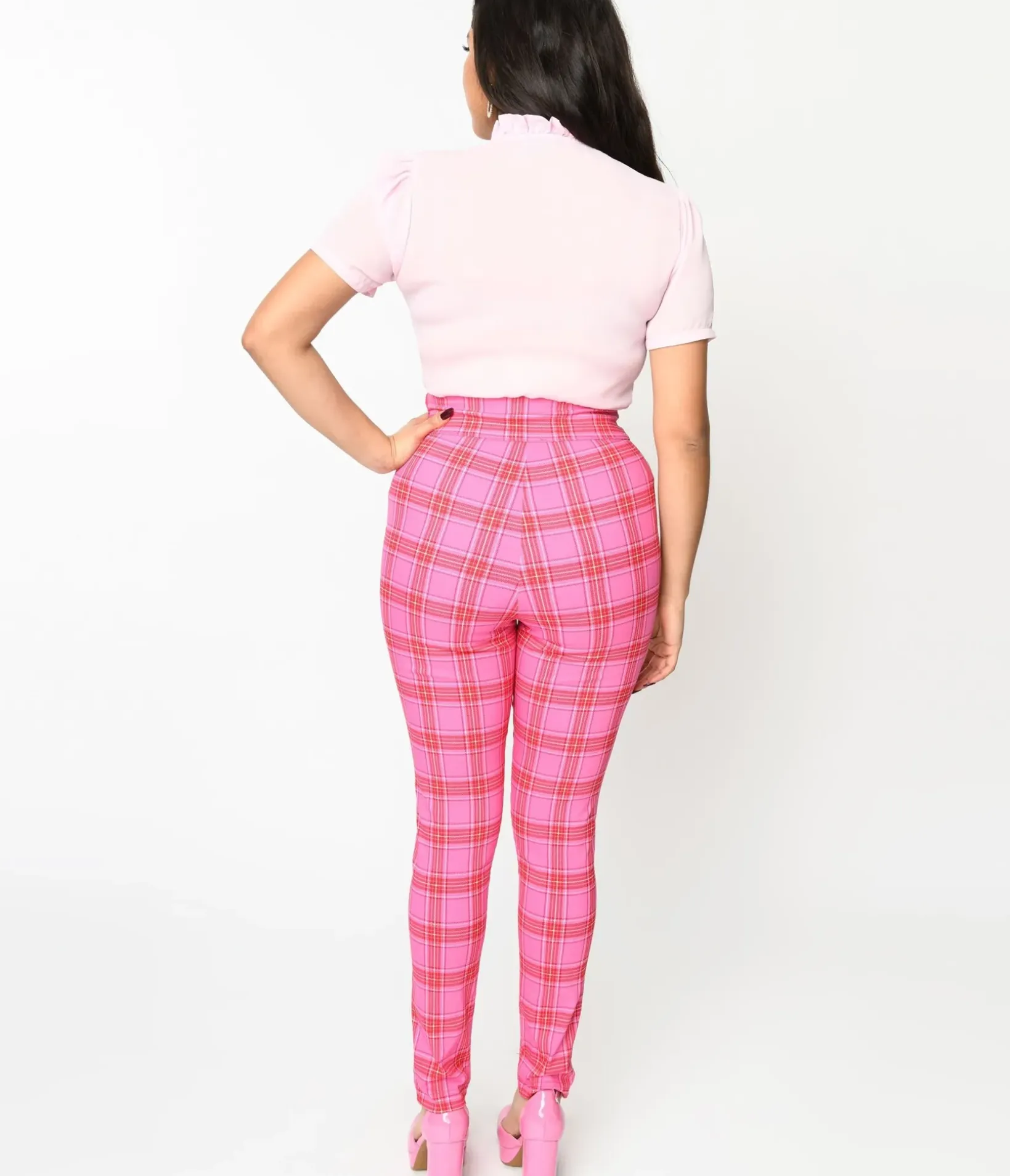 Unique Vintage Pants|All Things Pink>Pink & Red Plaid High Waist Cigarette Pants