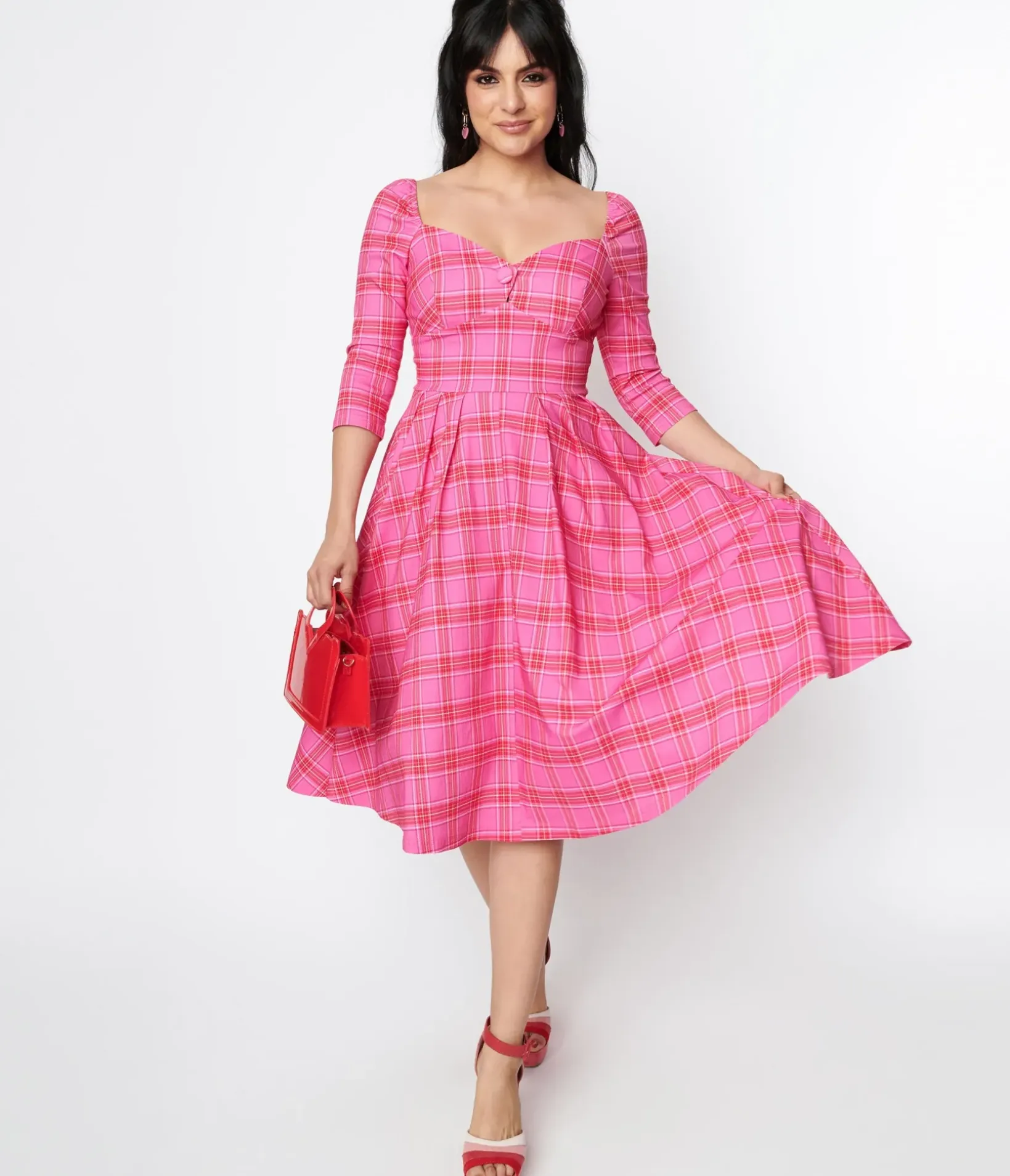 Unique Vintage Swing|Everyday Dresses>Pink & Red Plaid Lamar Swing Dress