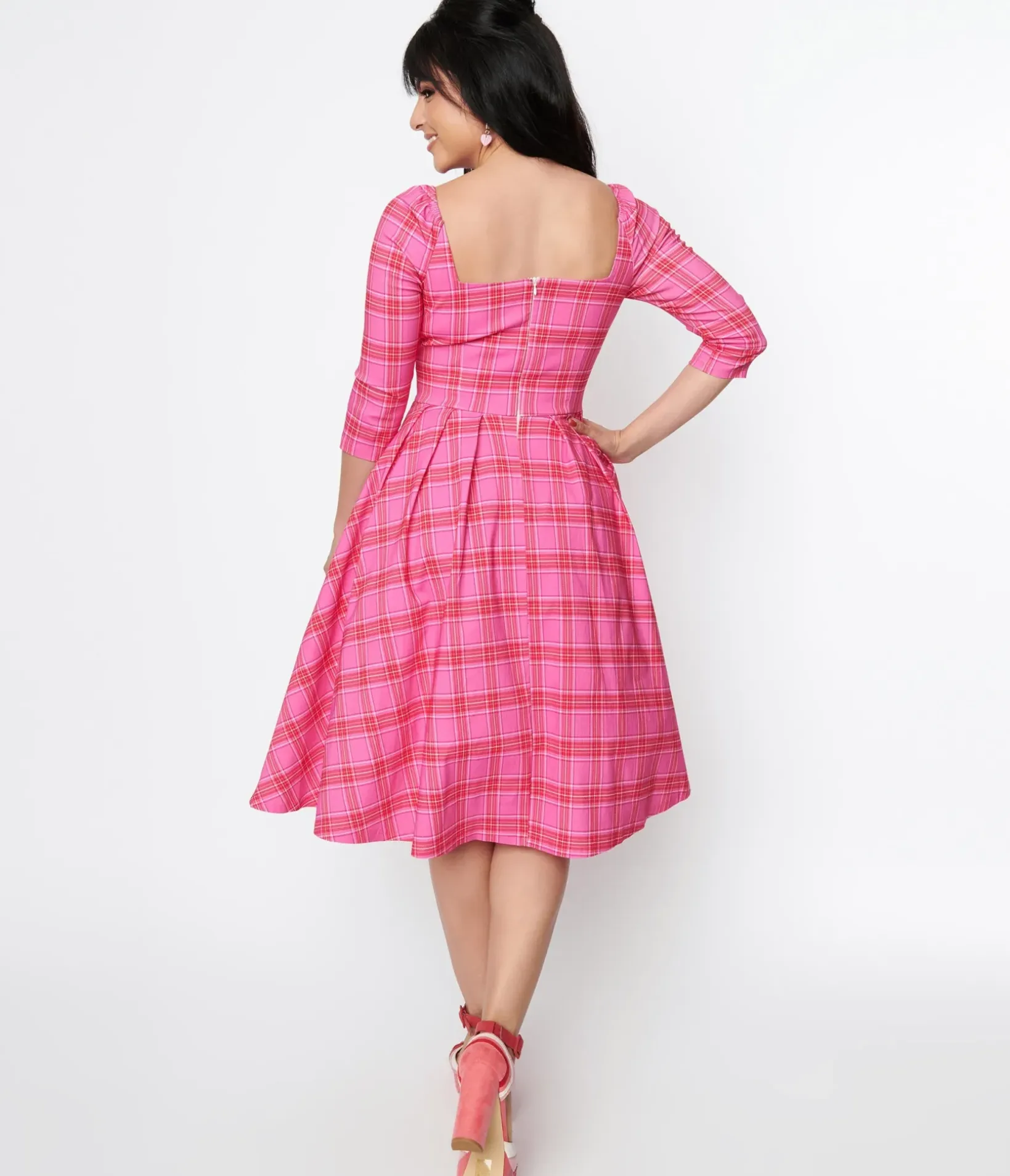 Unique Vintage Swing|Everyday Dresses>Pink & Red Plaid Lamar Swing Dress
