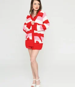 Unique Vintage Sweaters & Cardigans|All Things Pink>Pink & Red Striped Crochet Hearts Cardigan