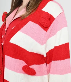 Unique Vintage Sweaters & Cardigans|All Things Pink>Pink & Red Striped Crochet Hearts Cardigan