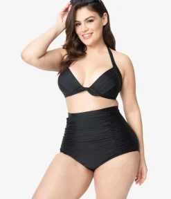 Unique Vintage Two Piece Swim|Swim Bottoms>Plus Size All Black Monroe High Waist Bikini Bottom