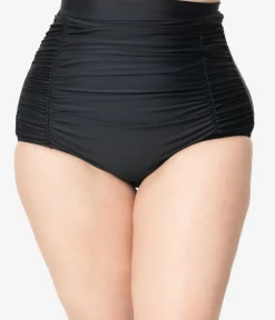 Unique Vintage Two Piece Swim|Swim Bottoms>Plus Size All Black Monroe High Waist Bikini Bottom