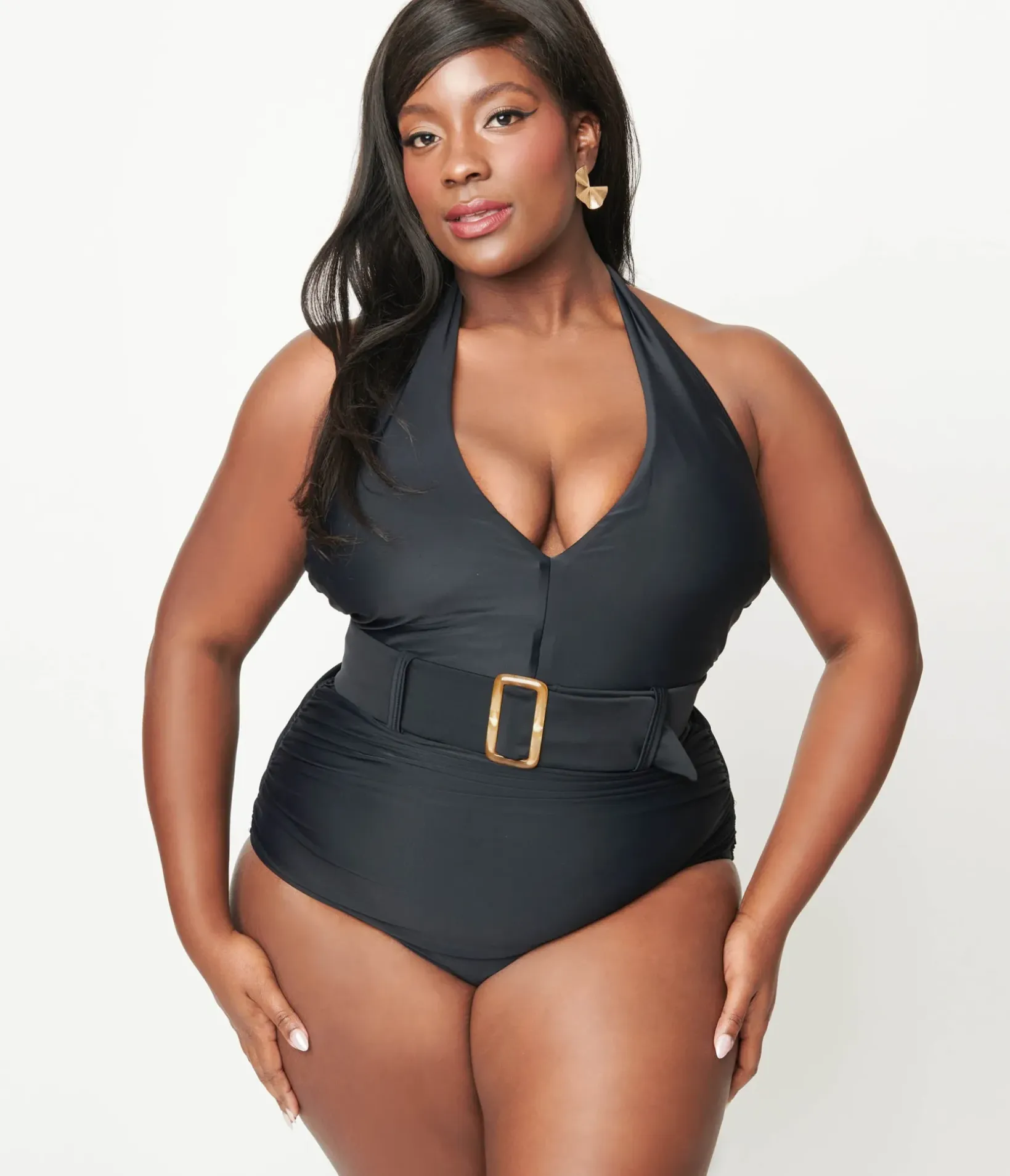 Unique Vintage One Piece Swim|One Piece Swim>Plus Size Black Belted Halter Swimsuit