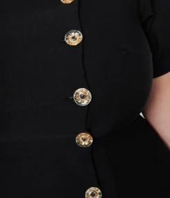 Unique Vintage Swing|Pocket Dresses>Plus Size Black Button Swing Dress