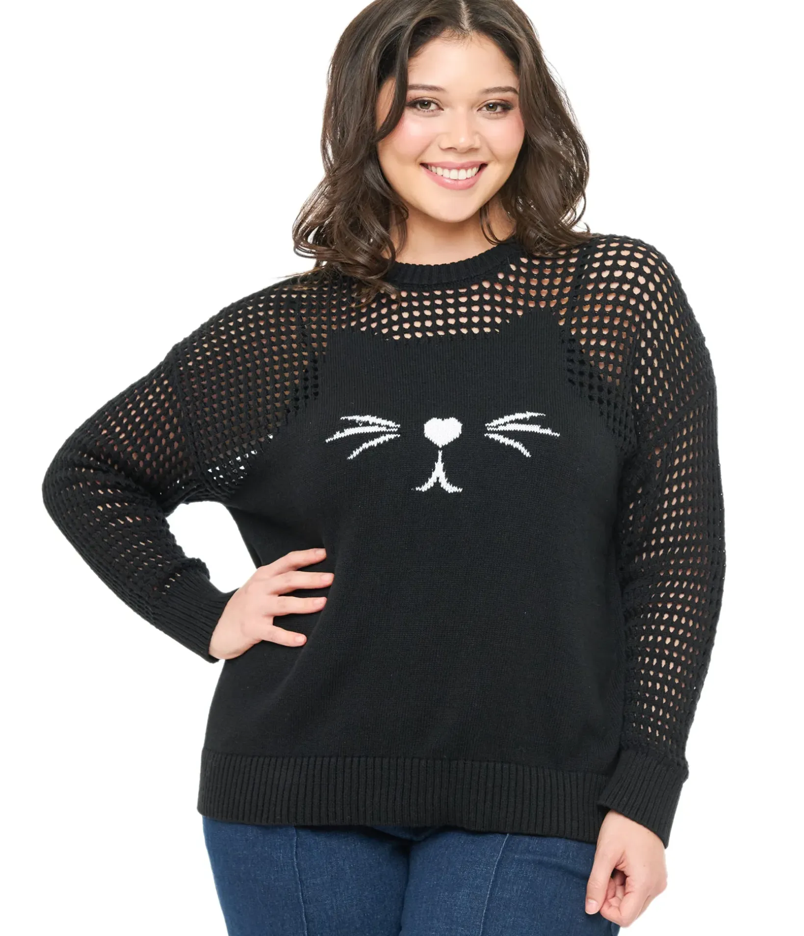 Unique Vintage Sweaters & Cardigans|Sweaters & Cardigans>Plus Size Black Cat Open Weave Cotton Sweater