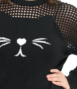 Unique Vintage Sweaters & Cardigans|Sweaters & Cardigans>Plus Size Black Cat Open Weave Cotton Sweater