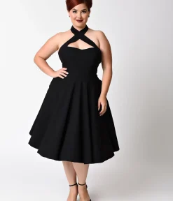 Unique Vintage Swing|Pocket Dresses>Plus Size Black Criss Cross Halter Rita Flare Dress