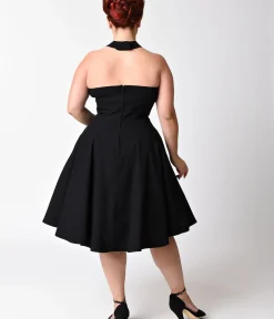 Unique Vintage Swing|Pocket Dresses>Plus Size Black Criss Cross Halter Rita Flare Dress
